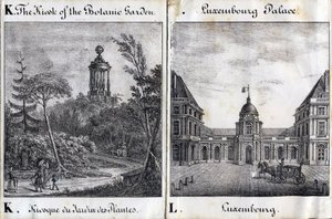 Buchstabe K Kiosk des Jardin des Plantes und L Palais du Luxembourg - „Alphabet Picturesque des Monumens de Paris“ um 1840 (Gravur) von French School