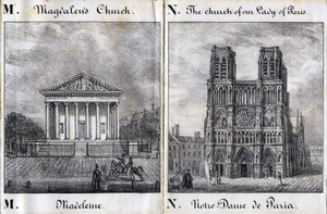 Buchstabe M Madeleine und N Notre-Dame de Paris (Notre Dame de Paris) - „Alphabet Picturesque des Monumens de Paris“ um 1840 (Gravur) von French School