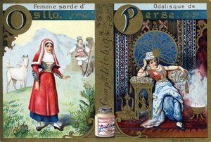 Buchstabe O als sardische Frau von Osilo und P als Odaliske von Persien. Frauenalphabet. Serie von 12 Bildern. Liebig-Werbung von French School