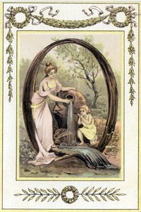 Buchstabe Q, der eine Mutter und ihren Sohn darstellt, die Wasser aus der Quelle trinken, späte 19. Jahrhundert (Chromolithographie)