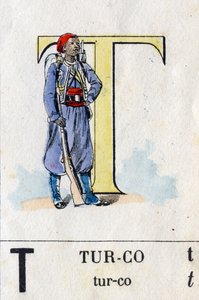 Buchstabe T wie Turco. Militäralphabet. Bild von Epinal, ca. 1870-1880. Schablonierte Holzgravur von French School