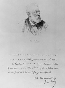 Brief von Jules Verne mit Porträt des Schriftstellers (1828-1905).