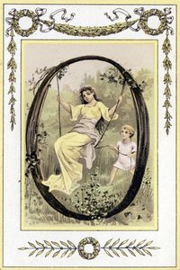 Brief, der eine schaukelnde Mutter und ihren Sohn darstellt, späte 19. Jahrhundert (Chromolithographie) von French School