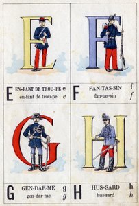 Buchstaben E wie Truppenkind, F wie Infanterist, G wie Diener und H wie Husar. Militärisches ABC. Bild von Epinal von French School