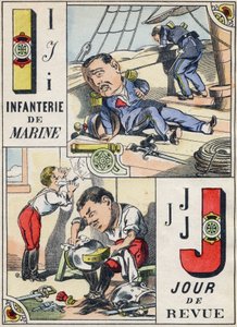 Buchstaben I und J: Marineinfanterie und Inspektionstag. Gravur im „Komischen Militäralphabet“. Fünfte Serie. Epinaler Bildgebung. Pellerin und Cie, Drucker, Epinal, Ende des 19. Jahrhunderts. 16 Seiten