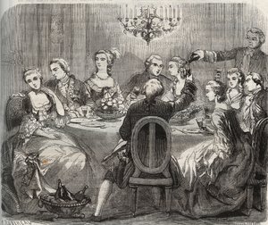 Libertinage: Christian VII. (1749-1808), König von Dänemark und Norwegen, während eines libertinen Festes, das von der Tänzerin Marie Madeleine Guimard (1743-1816) in ihrem Haus in Pantin organisiert wurde. Gravur von 1871 in „Histoire Des Cocuses Celebres von French School