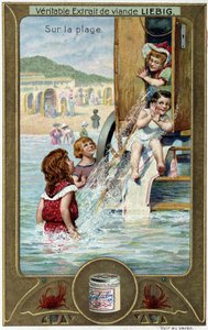 Liebig Chromolithographie Serie „Strandspiel“ von Kindern. 19. Jahrhundert