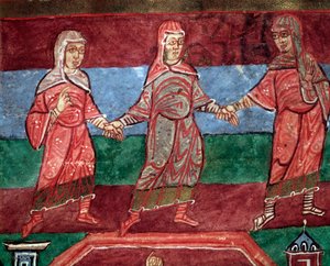 Leben der hl. Radegund von Poitiers, Frauen tanzen und singen weltliche Lieder (Miniatur)