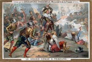 Louis II. von Bourbon, Prinz von Condé, bekannt als Le Grand Condé, in der Schlacht bei Freiburg 1644. Chromolithographie des 19. Jahrhunderts von French School