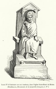 Ludwig IV. von Übersee auf seinem Grab in der Kirche Saint-Remi von Reims (Gravur) von French School