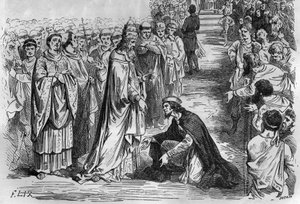 Ludwig I. der Fromme oder der Milde (778-840) auf den Knien von Papst Stephan V. (Stefano, Papst von 896 bis 897). Gravur in „Histoire des Papes-Rois-Reines und Kaiser durch die Jahrhunderte“ von Maurice Lachatre