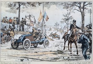 Louis Renault fährt im Rennen Paris-Madrid von 1903, ca. 1903 von French School