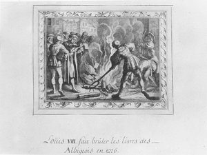 Ludwig VIII. verbrennt die Bücher der Albigenser im Jahr 1226 (Gravur)