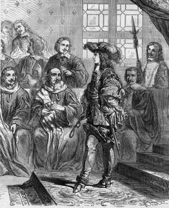 Ludwig XIV. (1638-1715) war 1652 im Alter von 17 Jahren vor dem Parlament und zwang den Präsidenten, die Versammlung aufzulösen. Gravur in "Histoire De France En Cent Paintings" von Paul Lehugeur 1891 von French School