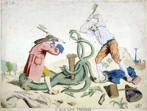 Niedrige Steuern: der Dritte Stand besiegt die Steuer - "Hydra de lerne" - eine revolutionäre Karikatur, ca. 1789