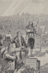 Ludwig van Beethoven dirigiert ein Orchester trotz seiner Taubheit (Stich)