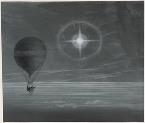 Mondhalo und leuchtendes Kreuz während des Langstreckenflugs des Ballons Zénith von Paris nach Bordeaux im März beobachtet von French School