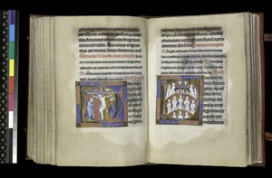 MS 300 f.198v-199r, Suffragium zum Kreuz und Suffragium zu den Engeln, aus dem Psalter und Stundenbuch der Isabella von Frankreich, Paris, ca. 1265-70 von French School