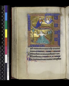David betet zu Gott (oben), David sinkt ins Wasser (unten), aus dem Psalter und Stundenbuch von Isabella von Frankreich, Paris, ca. 1265-70