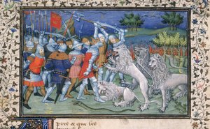 MS Royal 20 B.XX fol.50v Alexander der Große (356-323 v. Chr.) kämpft mit weißen Löwen, aus 