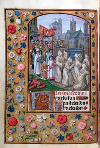 MS Vol. 137 f.136v Die Prozession von Papst Gregor I. (ca. 540-604) durch Rom im Jahr 590, aus den Litaneien eines Stundenbuchs, Französisch, frühes 16. Jahrhundert