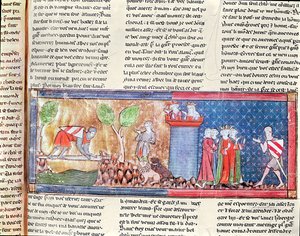 Lancelot beweist seine Liebe zu Guinevere, indem er einen Fluss überquert, der von einem scharfen Schwert überbrückt wird, aus dem Roman de Lancelot du Lac, 1344