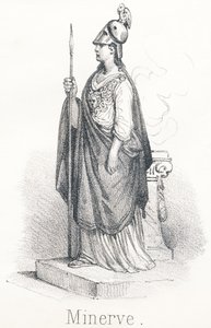 M Minerve: Göttin aus Jupiters Kopf, bewaffnet mit Fuß im Umhang und Speer in der Hand. Unter dem Namen Minerva war sie Göttin der Weisheit und unter dem Namen Pallas war sie Göttin des Krieges von French School