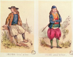 Männliche Kostüme aus Landerneau und Goulven, aus Les Costumes Bretons de Sorrieu von French School