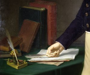 Mann, der einen Stift in der rechten Hand hält, ca. 1830-40