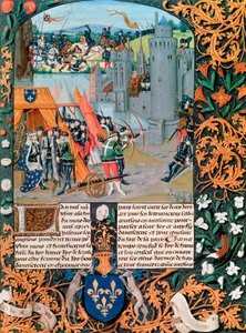 Manuskript, das eine Schlacht aus dem Hundertjährigen Krieg darstellt, 14. Jahrhundert von French School