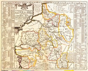 Karte der französischen Gebiete unter Steuer, 1709, aus Le Theatre du Monde von Jean-Baptiste Nolin, veröffentlicht 1717 (handkolorierter Stich)