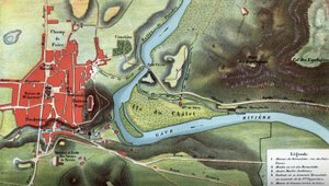 Karte des Landes Lourdes im Jahr 1858, dem Jahr der Visionen von Bernadette Soubirous: Sie zeigt den Standort ihres Hauses und der Höhle. Hochpyrenäen (65). Chromolithographie in "Notre Dame de Lourdes" von Henri Lasserre