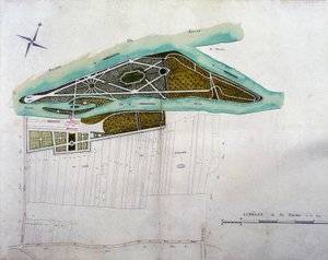 Karte des Gartens von Moulin Joly. Platte des Atlas der Pläne des Gebiets von Colombes (1780), aufbewahrt in den Nationalarchiven. von French School