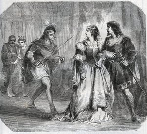 Margarete von Bayern, Herzogin von Burgund (1363-1423) und Königin Isabeau (Isabelle, Elisabeth) von Bayern (1371-1435) trennen Louis I. von Valois, Herzog von Orléans (1372-1407) und Jean Ohnefurcht, Herzog von Burgund (1371-1419), die um die Regierung kä von French School