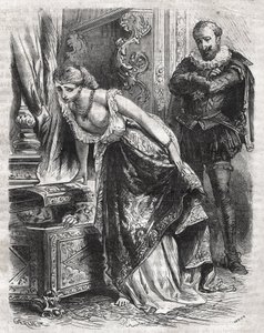 Marguerite de Valois (1553-1615), bekannt als Königin Margot, versteckt ihren Liebhaber Julien de Leris in einem Safe. Ihr Ehemann, König Heinrich IV. von Frankreich (1553-1610), beobachtet die Szene amüsiert. 16. Jahrhundert. Gravur von 1871 in „Histoire  von French School