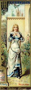Marguerite in der Oper Faust von Charles Gounod, uraufgeführt 1859, nach dem Stück von Johann Wolfgang von Goethe. Alphabet der Frauennamen zum Thema: weibliche Kostüme und Opern. Liebig-Werbechromolithographie