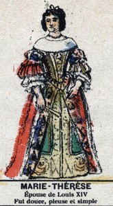 Maria Theresia von Österreich (1638-1683), Königin von Frankreich. In „Galerie der Könige und Königinnen von Frankreich und berühmter Persönlichkeiten von 1643 bis 1895“ Bild von Epinal.