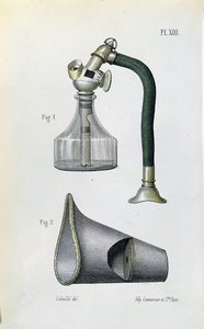 Maske zur Verabreichung von Äther zur Anästhesie eines Patienten, aus einem medizinischen Handbuch von Jean-Baptiste-Leon Dubreuil