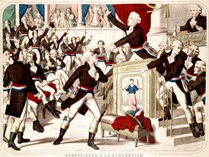 Maximilian Robespierre bei der Konvention (Sitzung vom 19. Thermidor 1794), Jean Lambert Tallian bedroht Robespierre mit einem Messer - Populäre Gravur der Zeit. von French School