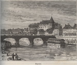 Mayenne ist eine Gemeinde im Westen Frankreichs in der Region Pays de la Loire - Gravur in „La France Illustrée: Geographie, Geschichte, Verwaltung, Statistik“ von V.-A. Malt-Brown. 1884