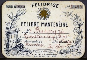 Mitgliedskarte von Jan Baussy bei der Felibrige, Felibre-Vereinigung