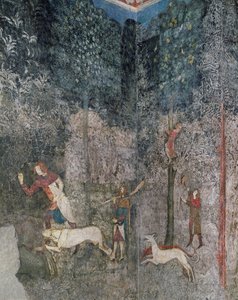 Männer, die mit Hunden jagen, Detail aus La Chambre du Cerf (Hirschzimmer) 1343 von French School
