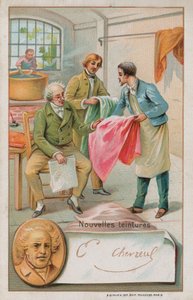 Michel Eugene Chevreul, französischer Chemiker (1786-1889), inspiziert einige neue Farbstoffe von French School