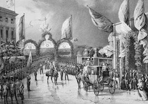 Militärische Ehren für den König in Gosport - Louis Philippe I. (1773-1850), König der Franzosen, Prinz Albert (1819-1861) und Victoria (1819-1901), Königin von England, am Bahnhof von Gosport während der offiziellen Reise von Louis-Philippe nach Großbrita