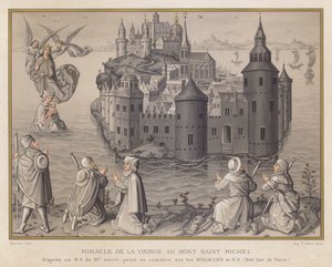Wunder der Jungfrau auf dem Mont Saint Michel, nach einer Handschrift des 15. Jahrhunderts, gemalt in Camaieu über die Wunder von ND, Bibl Nat de Paris von French School
