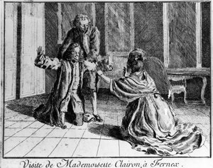 Mademoiselle Clairon (Josephe Leris de La Tude genannt Mademoiselle Clairon) (1723-1803), französische Schauspielerin, besuchte Ferney bei Voltaire. Gravur aus dem 18. Jahrhundert. von French School
