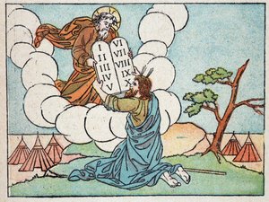 Moses erhält die Gesetzestafeln - in „Sainte Histoire en 120 images“, ed. Maison de la Bonne Presse, Paris