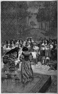 Molière und seine Truppe spielen vor König Ludwig XIV. und Kardinal Jules Mazarin (Giulio Raimondo Mazzarino) (1602-1661). Gravur in „Die illustrierte Welt“ 1886 von French School