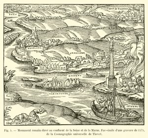 Römisches Denkmal am Zusammenfluss von Seine und Marne, Faksimile eines Stichs von 1575, aus der Cosmographie universelle von Thevet von French School