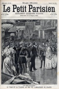 Feiern in Moskau: Zar Nikolaus II. von Russland (1868-1918) und Zarin Alexandra Fjodorowna Romanowa (1872-1918) beim Ball der französischen Botschaft, in "Le petit Parisien" von French School
